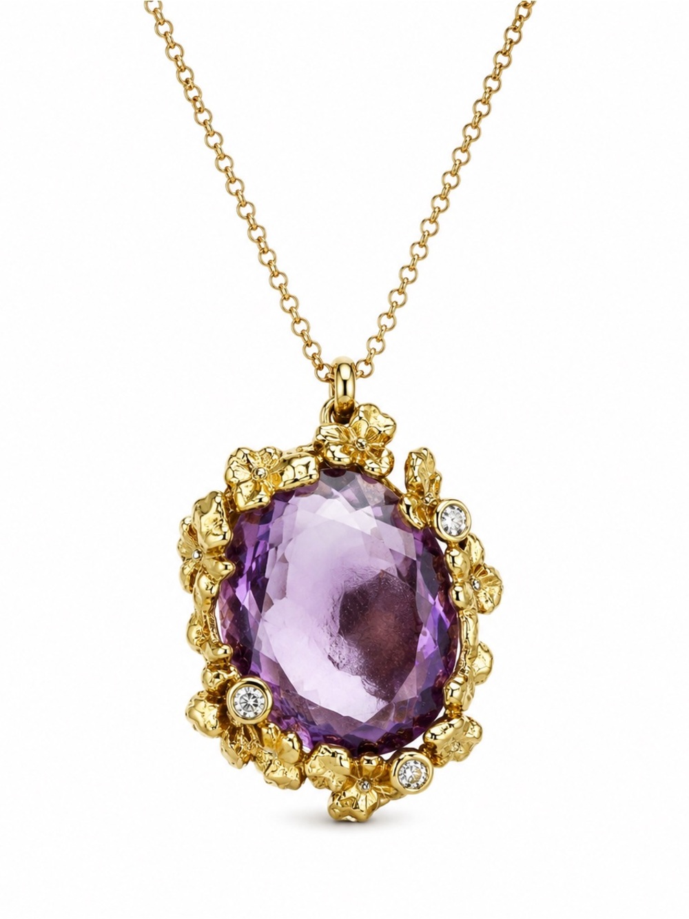 Alexis Bittar Purple Lucite Crystal Floral Pendant Necklace Gold Tone